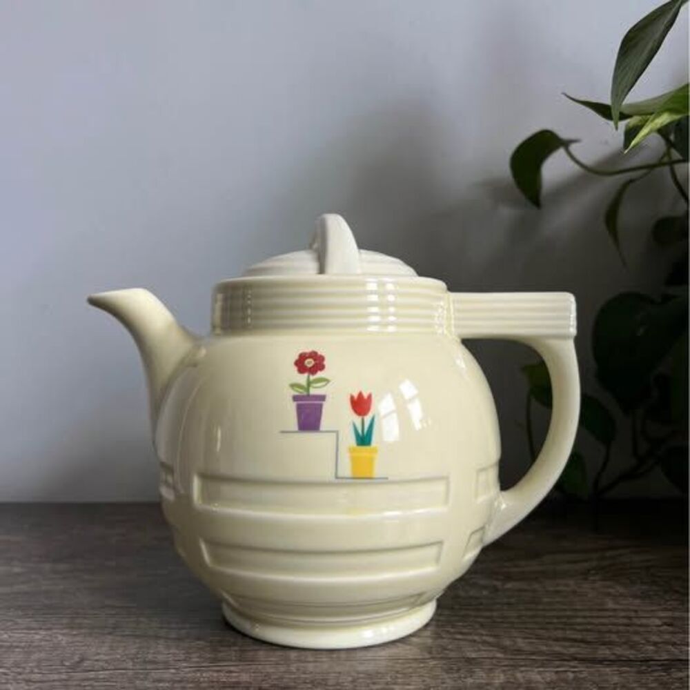 Vintage Ceramic Coffee Pot featuring Two Potted Flowers Detail